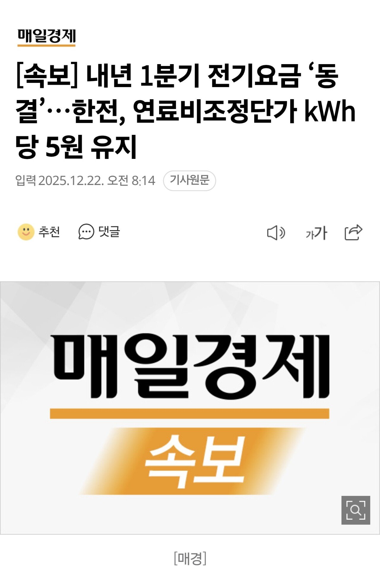 [속보] 내년 1분기 전기요금 ‘동결’…한전, 연료비조정단가 kWh당 5원 유지