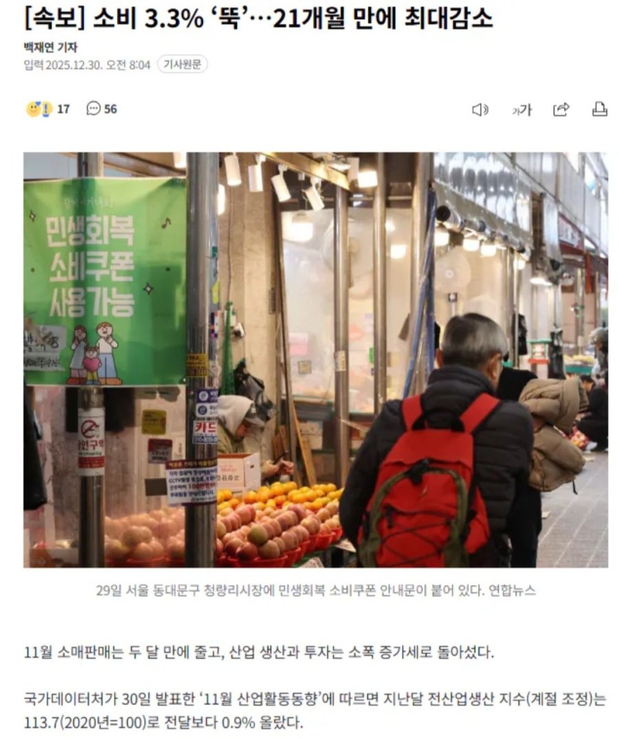 [속보] 소비 3.3% ‘뚝’…21개월 만에 최대감소