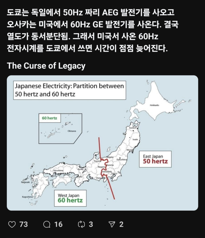 일본 열도 동서 분단...