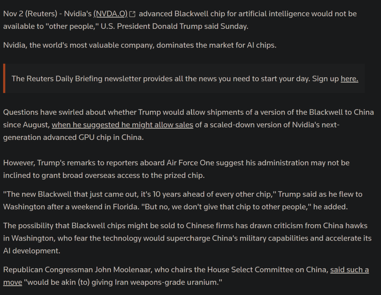 image.png [속보] 트럼프 “엔비디아 블랙웰 AI 칩, ‘다른 나라’엔 주지 않을 것” <로이터>