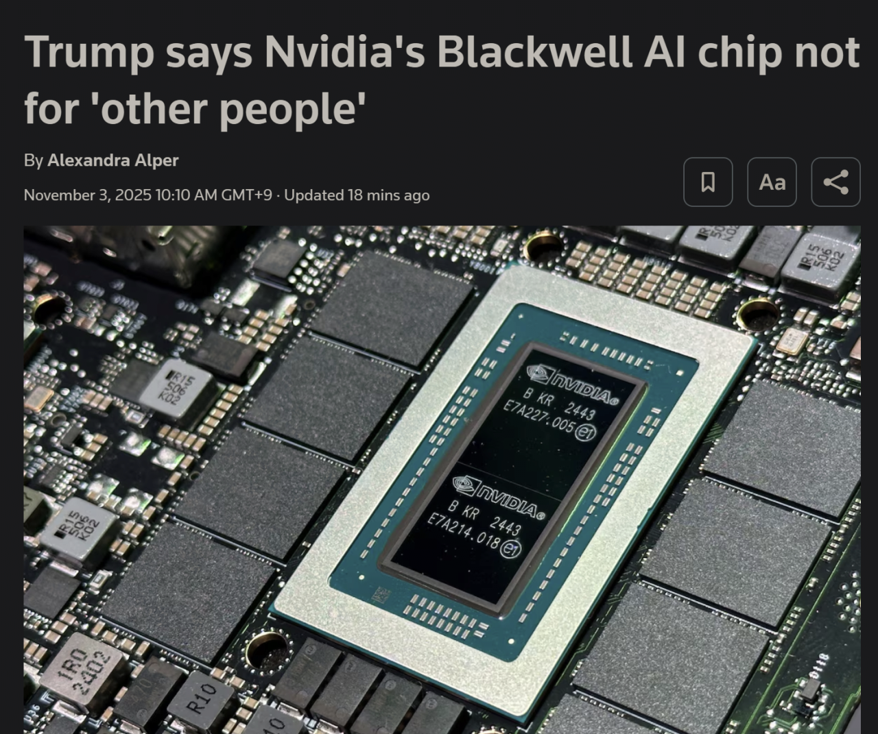 image.png [속보] 트럼프 “엔비디아 블랙웰 AI 칩, ‘다른 나라’엔 주지 않을 것” <로이터>