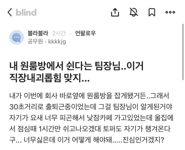 내 원룸 방에서 쉰다는 팀장님 이거 직장 내 괴롭힘 맞지?